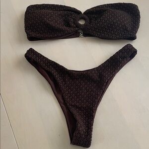 Textured Chocolate Brown Bandeau Bikini Set